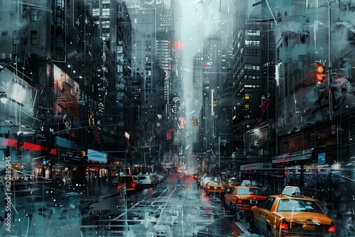 Abstract urban landscape with gritty textures, muted grays, and pops of neon, capturing the essence of a bustling, modern