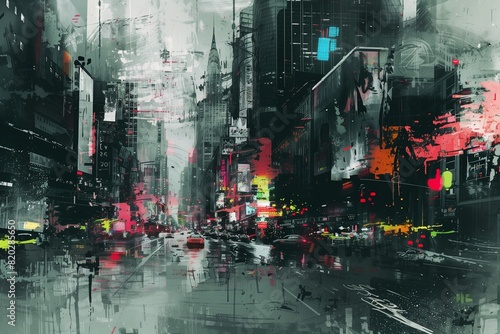 Abstract urban landscape with gritty textures, muted grays, and pops of neon, capturing the essence of a bustling, modern