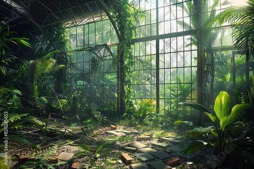 An abandoned, overgrown greenhouse with vines creeping over broken glass panes, lush tropical plants thriving inside, and sunlight filtering through the foliage.