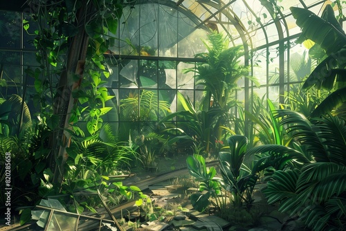 An abandoned, overgrown greenhouse with vines creeping over broken glass panes, lush tropical plants thriving inside, and sunlight filtering through the foliage.