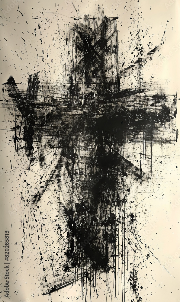 Abstract Cross with Japanese Ink Splatter on White Background