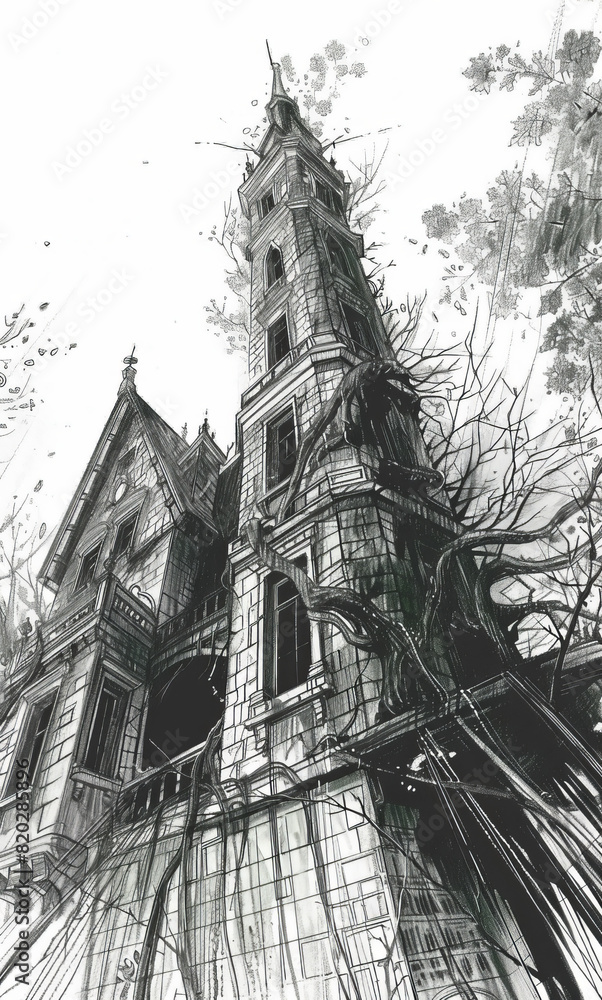 Obraz premium Line Art Drawing of an Overgrown Gothic Tower with Vines and Trees
