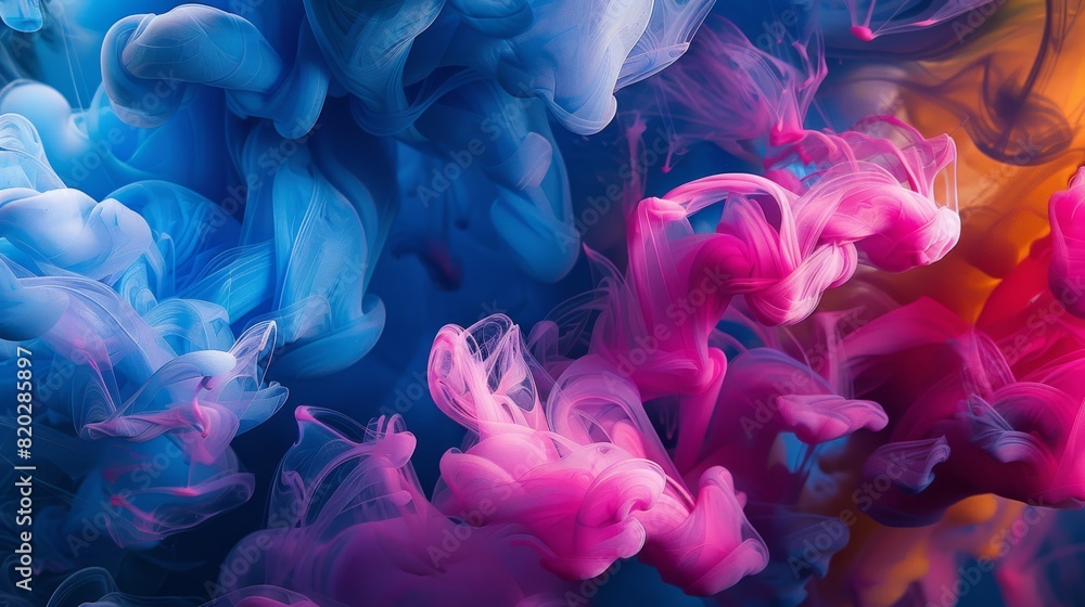 Obraz premium Paint Ink drop in water, Motion color explosion smoke, Blue pink color fluid splash vapor cloud on glitter dust texture black abstract art background. High quality photo