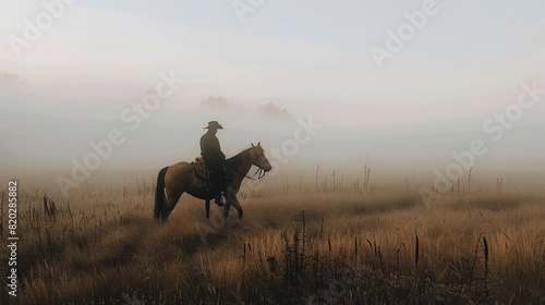 mounted police officer on a horse, open field, early morning fog realistic © Nabeel