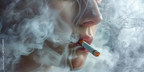A figure's face disappears amidst a softly billowing fog, their features barely visible as a nearly consumed cigarette hangs delicately from their lips.