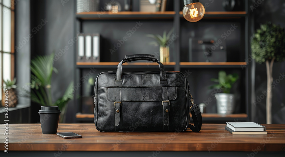 efficient workplace concept with a black leather briefcase, laptop, and notebook on the desk against a grey background