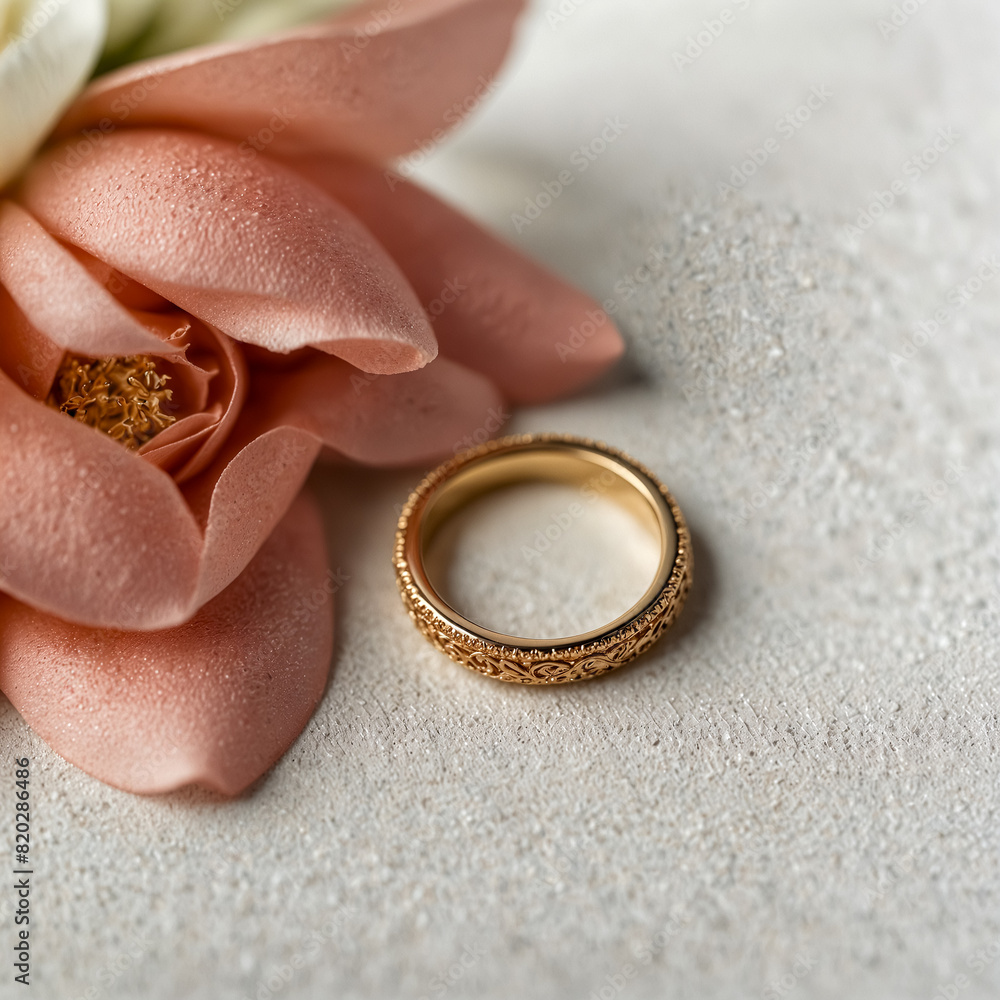 Wedding concept. A wedding ring and flower on a white textured background.
Wedding concept. A wedding ring and flower on a white textured background.