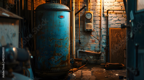 A blue water heater sits in a dark room