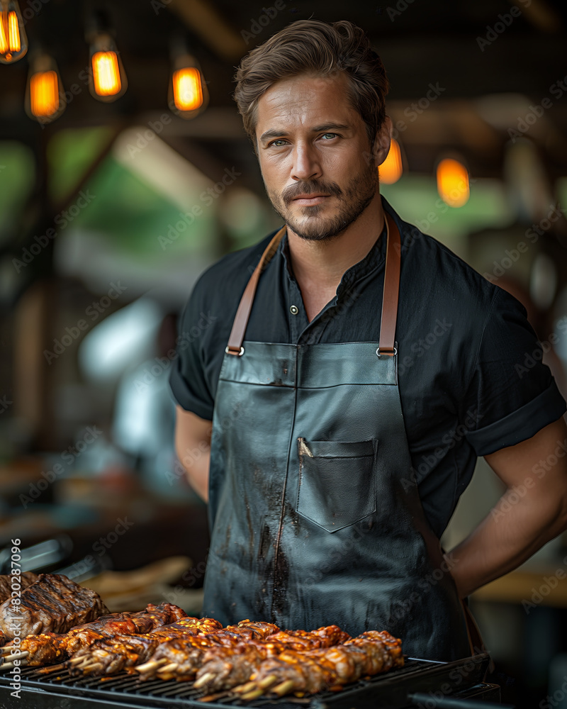 Man Grilling Meat Outdoors. Man Grilling Meat Outdoors.