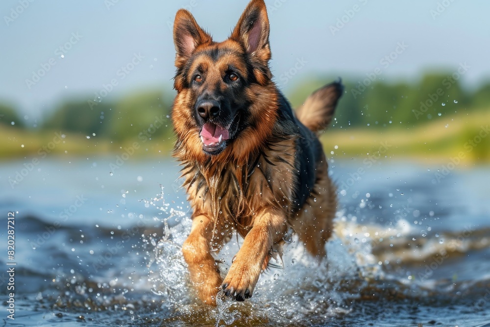 German Shepherd jumps in the water. Pet activity 
