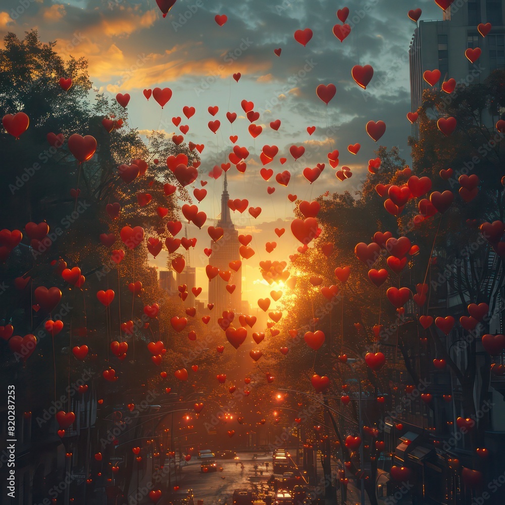 Red heart-shaped balloons fly through the streets. Celebrating love and romance