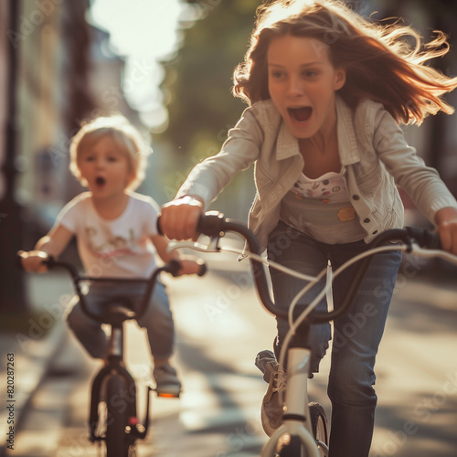 mother and child riding bicycles
