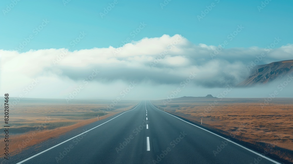 A road under a cloudy sky with sunlight breaking through the clouds