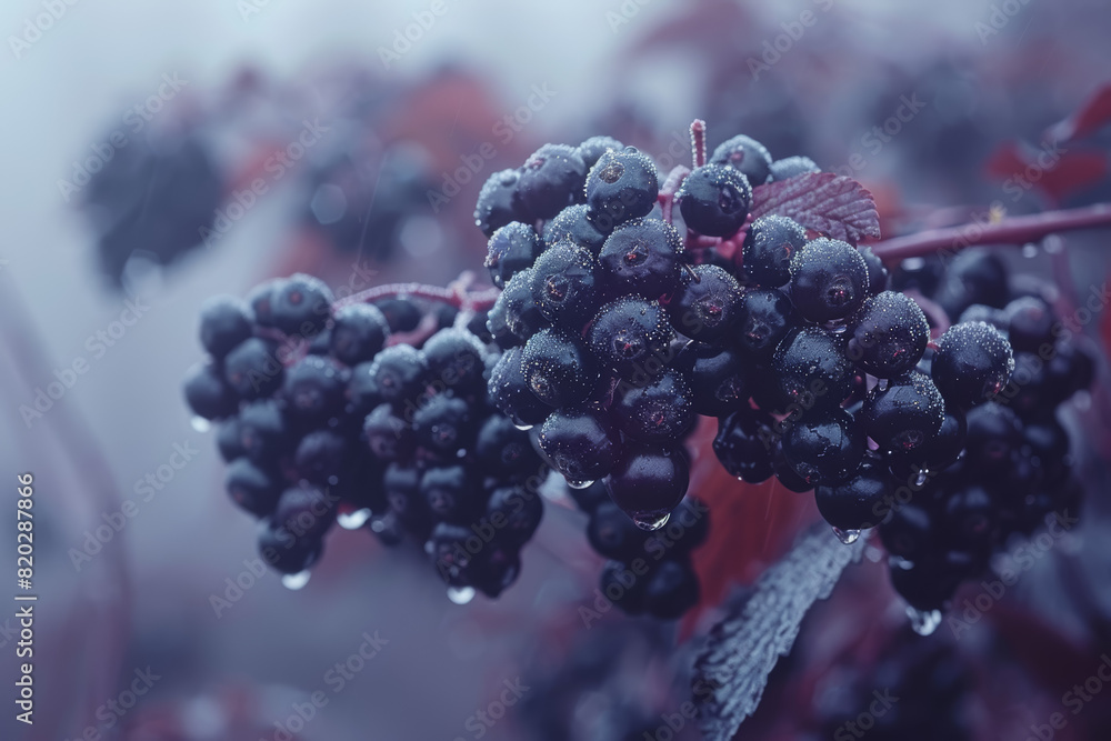 A thicket of wild elderberries swaying in the breeze, their tiny purple-black orbs dangling from delicate stems. Concept of wild berry bounty. Generative Ai.