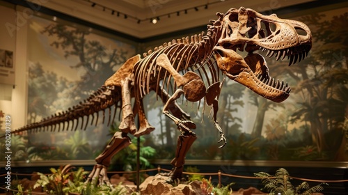 natural history museum  life - size Tyrannosaurus Rex skeleton centerpiece  softly lit with spotlight realistic