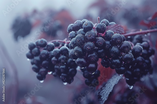 A thicket of wild elderberries swaying in the breeze, their tiny purple-black orbs dangling from delicate stems. Concept of wild berry bounty. Generative Ai.