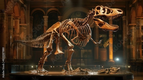 natural history museum  life - size Tyrannosaurus Rex skeleton centerpiece  softly lit with spotlight realistic