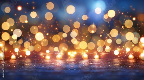 Festive holiday lights and bokeh background with golden orbs and sparkling decorations
