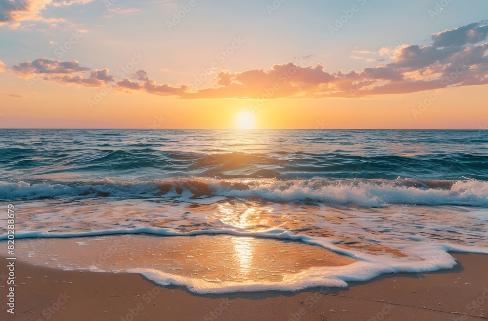 Fototapeta premium Colorful Sunset Over Sea with Waves on Sandy Beach