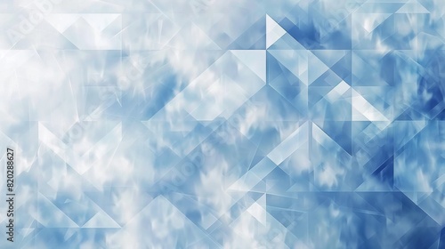 Abstract geometric blue and white background with triangular shapes and cloudy effects