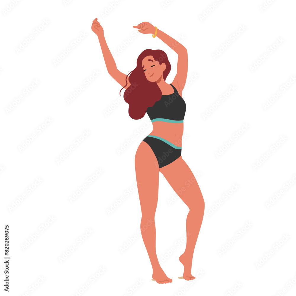 Joyful Young Woman Dances At A Beach Party, Her Hair Flowing And A Smile On Her Face, Cartoon People Vector Illustration Joyful Young Woman Dances At A Beach Party, Her Hair Flowing And A Smile On Her Face, Cartoon People Vector Illustration