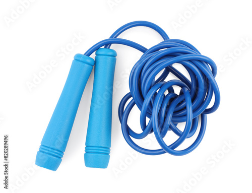 Blue skipping rope isolated on white, top view. Sports equipment © New Africa
