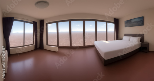 Spacious room, bedroom, panoramic large windows, in a skyscraper, sleeping place, light pleasant walls