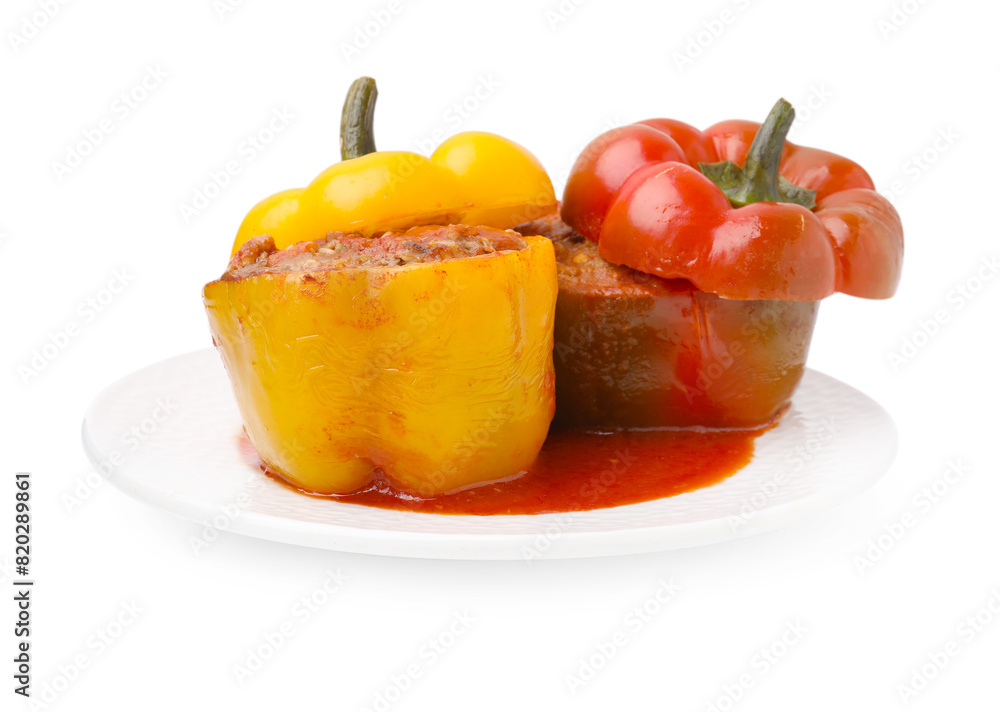 Delicious stuffed bell peppers isolated on white