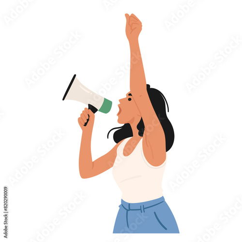 Determined Woman Using Megaphone To Voice Her Message. Female Character Raises Her Fist In A Sign Of Strength