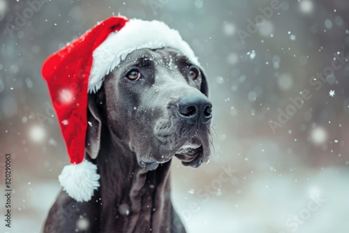 Great Dane breed dog wearing festive red Santa hat posing outdoor in snowy park decorated for holidays . Christmas celebration. Bright warm colours. 