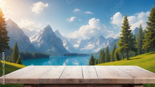Empty table or stand for product placement is located on a background surrounded by natural beauty, product advertising space