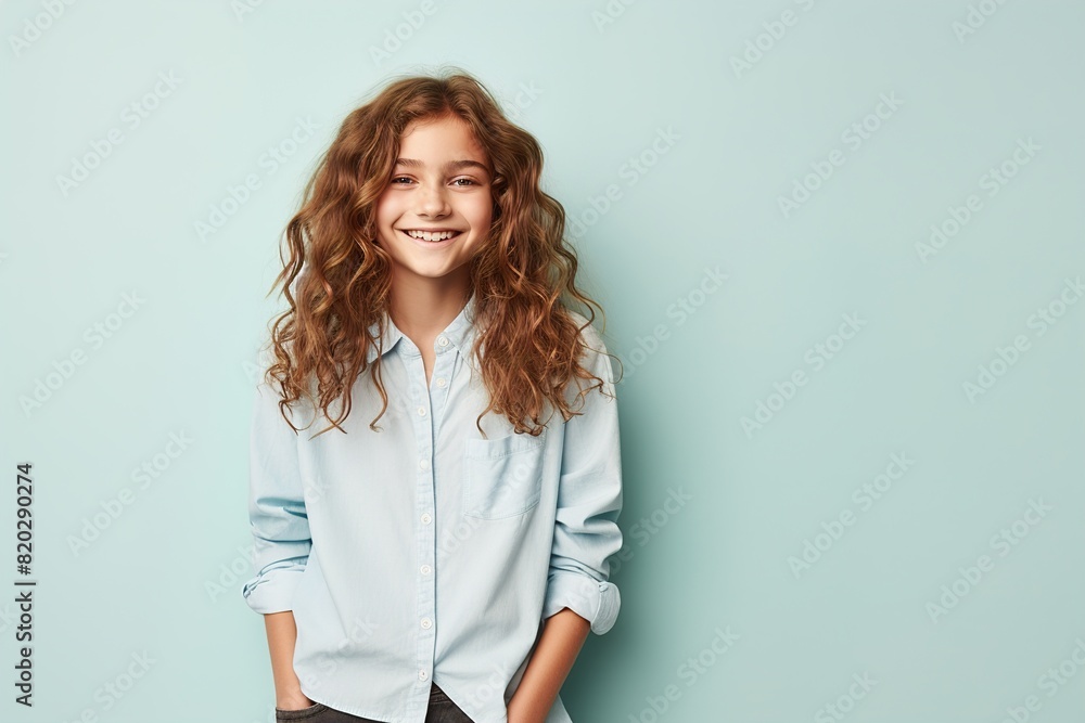 A girl with long hair is smiling and wearing a blue shirt A girl with long hair is smiling and wearing a blue shirt
