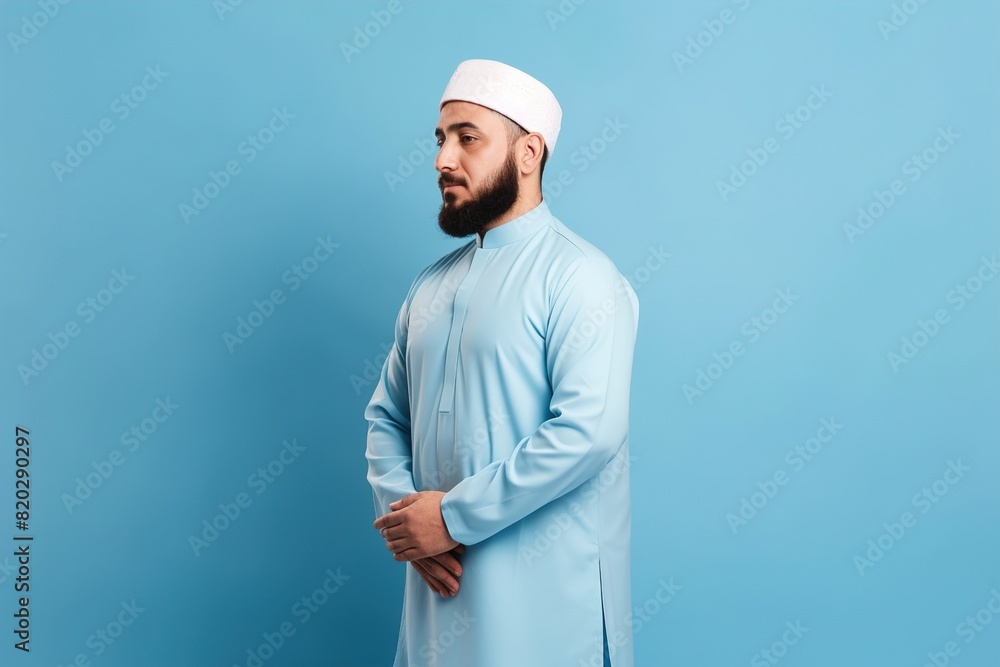 A man wearing a blue shirt and white hat is standing in front of a blue wall A man wearing a blue shirt and white hat is standing in front of a blue wall