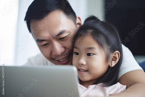 A man and a little girl are looking at a laptop together