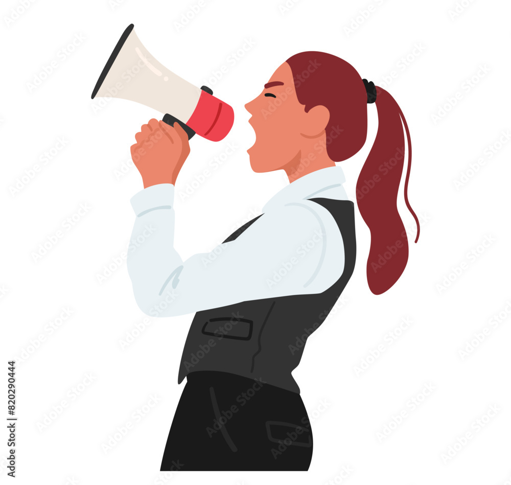 Strong Female Business Leader Character Uses A Megaphone To Make An Announcement, Cartoon Vector Illustration Strong Female Business Leader Character Uses A Megaphone To Make An Announcement, Cartoon Vector Illustration