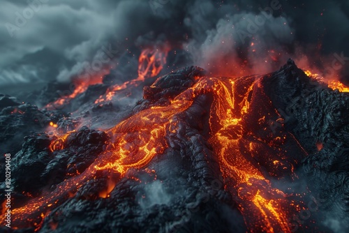 Hot orange lava erupts on the surface, accompanied by billowing smoke, depicting a natural disaster of immense power and intensity.