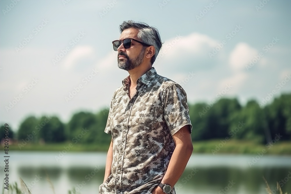 A man wearing a camo shirt stands by a lake