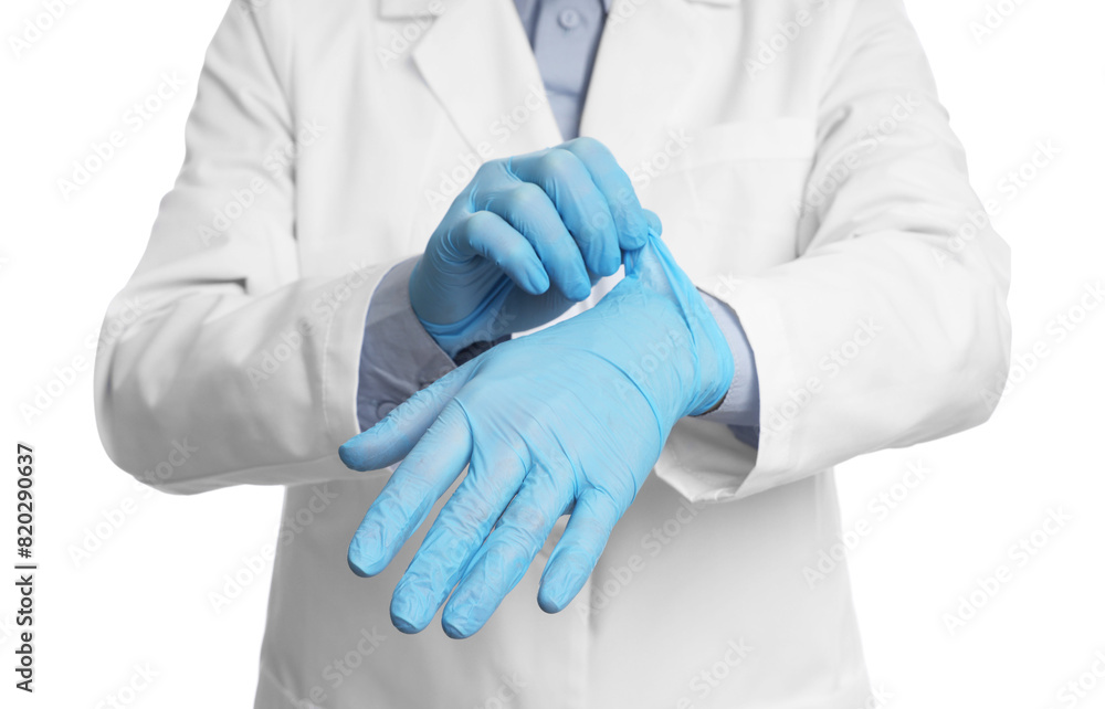 Doctor wearing light blue medical gloves on white background, closeup Doctor wearing light blue medical gloves on white background, closeup