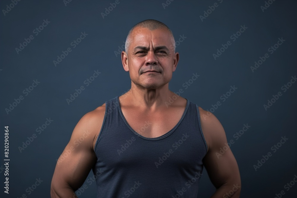 A man with a bald head and a beard stands in front of a blue wall A man with a bald head and a beard stands in front of a blue wall