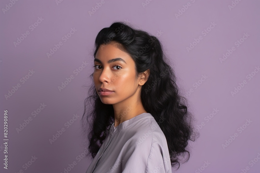 A woman with long hair is standing in front of a purple background A woman with long hair is standing in front of a purple background