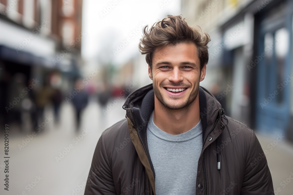 Fototapeta premium A man with a brown jacket and gray shirt is smiling and posing for a picture
