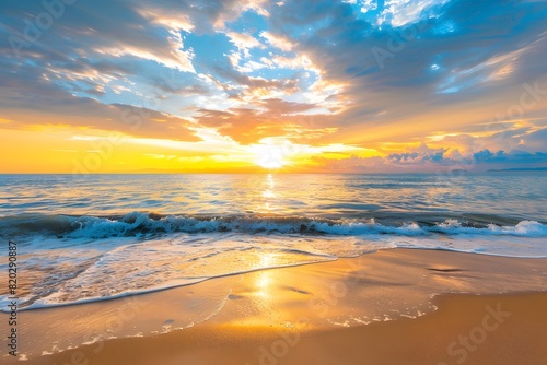 Scenic Sunset Beach with Golden Sand and Waves