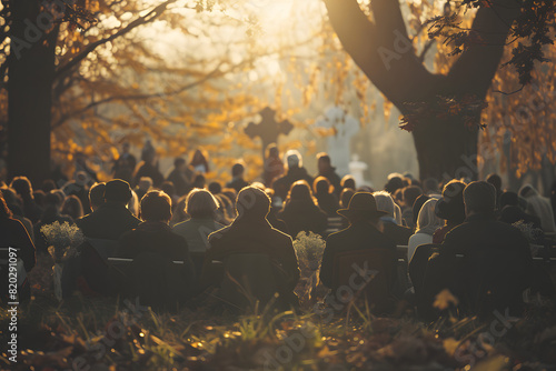 A solemn gathering of people at a funeral service in a cemetery during autumn, with sunlight filtering through trees. AI photo
