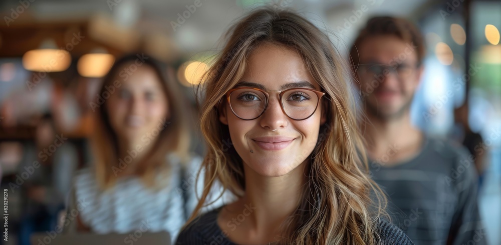 Smiling young woman with glasses, friends in soft focus background Smiling young woman with glasses, friends in soft focus background