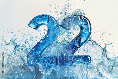 3D rendering of a number 22 made of blue water with splashes, standing out against a white background.
 photo