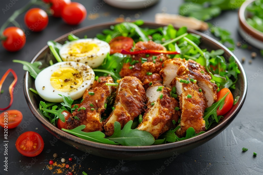 Bowl of nutrition: fried chicken, boiled eggs, fresh greens, spices, and cherry tomatoes. Wholesome and satisfying.







