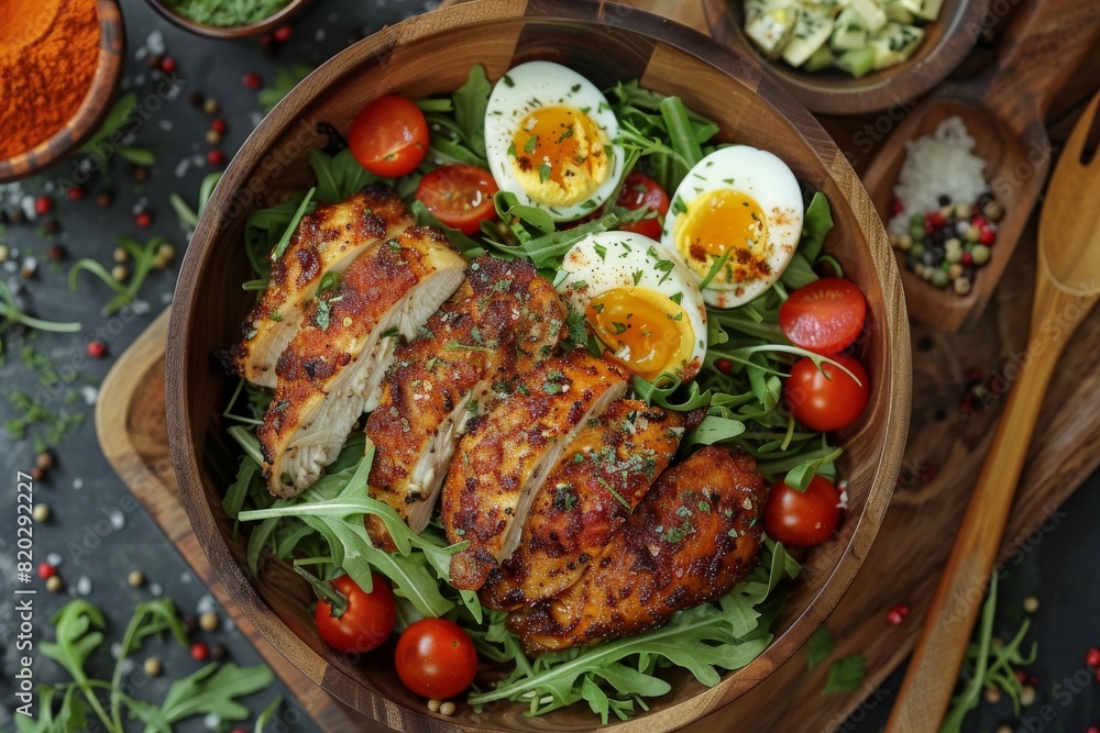 Bowl of nutrition: fried chicken, boiled eggs, fresh greens, spices, and cherry tomatoes. Wholesome and satisfying.








