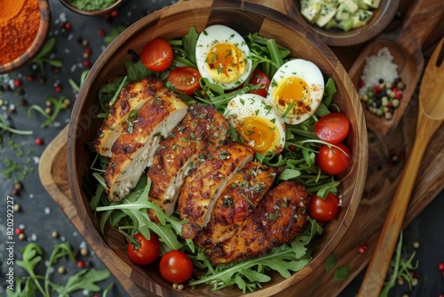 Bowl of nutrition: fried chicken, boiled eggs, fresh greens, spices, and cherry tomatoes. Wholesome and satisfying.