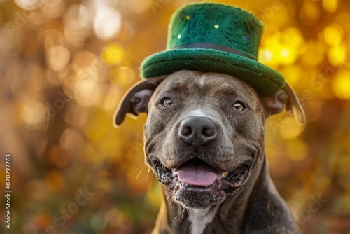 Pit Bull Terrier breed dog wearing festive green hat posing outdoor in park. St. Patrick day celebration.  photo
