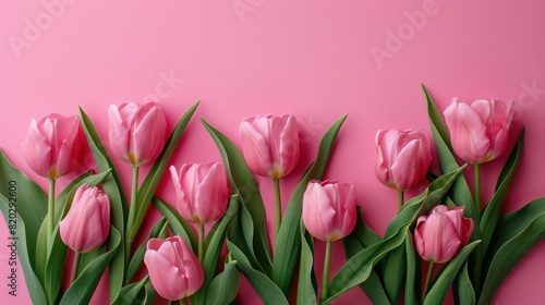 Spring flowers. Bouquet of pink tulips flowers on pastel pink background. more Space for text. 